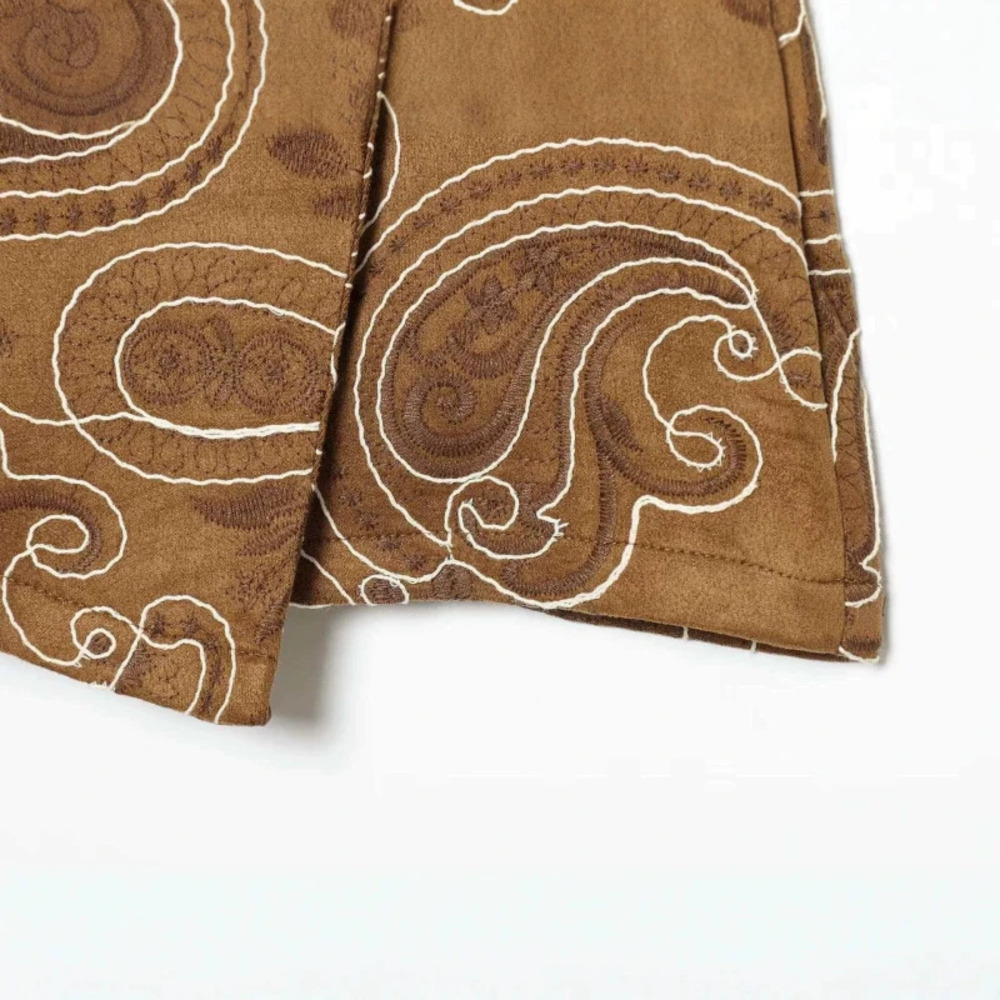 ZARA Summer Caramel Brown Paisley Embroidered Faux Suede Skirt